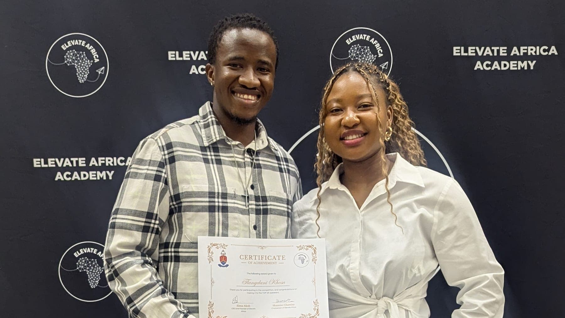 TK with a Top 25 Speakers certificate from Elevate Africa Academy